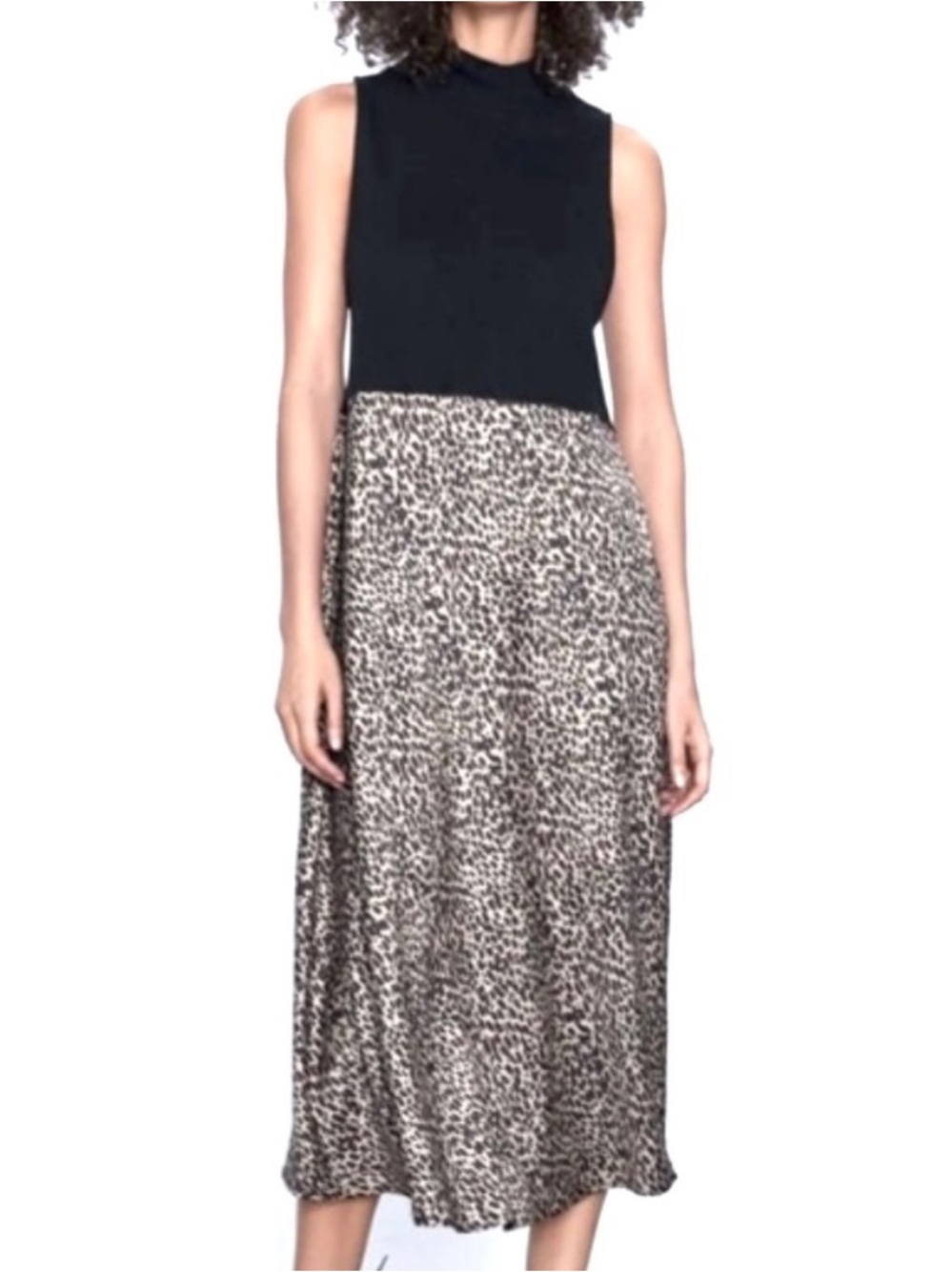 Zara Combined Animal Print Sleeveless Mock Neck Midi Dress